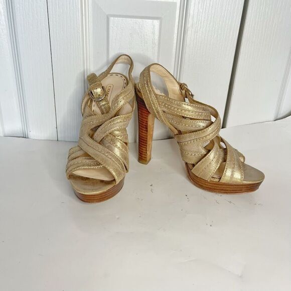 Coach Brynne Leather Metallic Gladiator Strappy Stiletto Wood Slingback Sandals - Picture 1 of 9